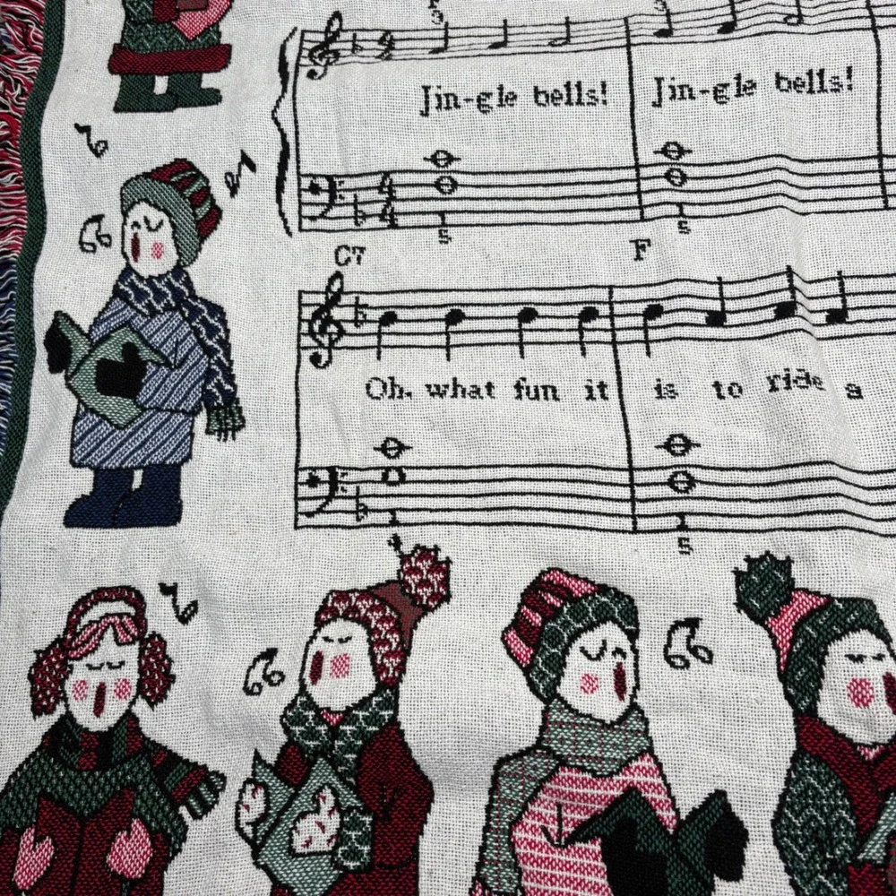 Vtg Jingle Bells Christmas Carolers Tapestry Throw Musical Notes Blanket